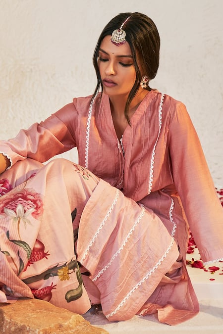 Buy_Sage Saga_Pink Chanderi Lace, Embroidery V-neck Mahgul Work Kurta And Printed Sharara Set 