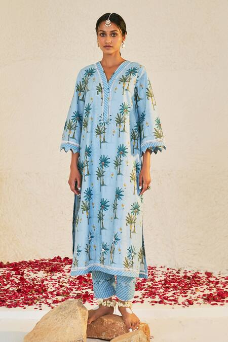 Sage Saga_Blue Chanderi, Linen, Lace Embroidery Pihu Printed Kurta Palazzo Set For Kids_Online_at_Aza_Fashions