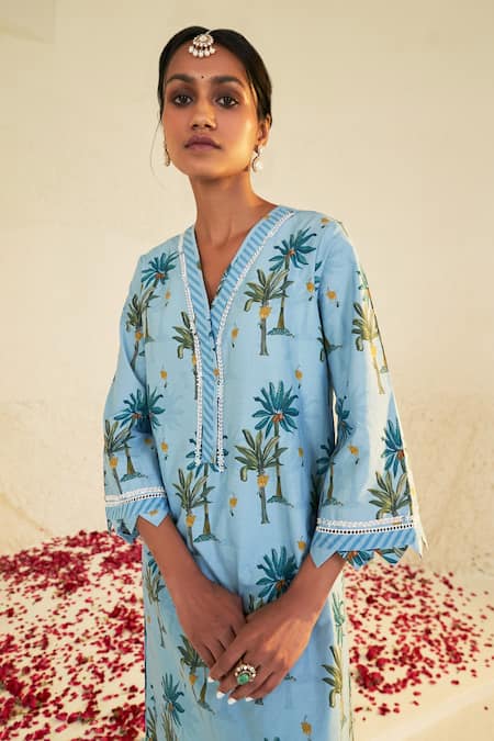 Buy_Sage Saga_Blue Chanderi, Linen, Lace Embroidery Pihu Printed Kurta Palazzo Set For Kids_Online_at_Aza_Fashions