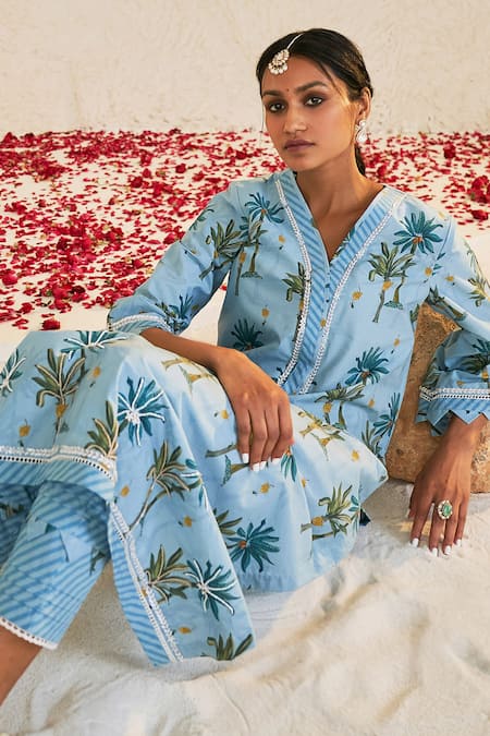 Buy_Sage Saga_Blue Lace Embroidery Pihu Printed Kurta For Kids_Online_at_Aza_Fashions