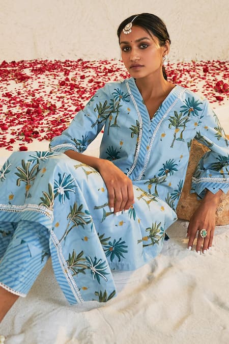 Shop_Sage Saga_Blue Chanderi, Linen, Lace Embroidery Pihu Printed Kurta Palazzo Set For Kids_Online_at_Aza_Fashions