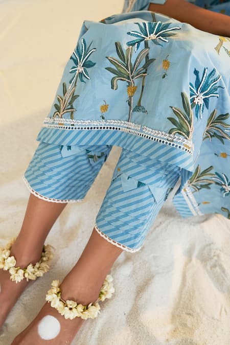 Sage Saga_Blue Chanderi, Linen, Lace Embroidery Pihu Printed Kurta Palazzo Set For Kids_at_Aza_Fashions