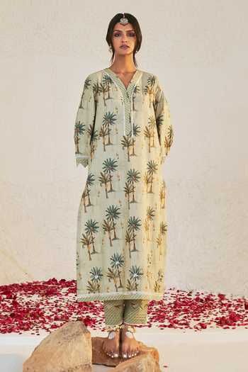 Sage Saga_Green Chanderi, Linen Lace V-neck Pihu Tree Pattern Tunic Palazzo Set _Online_at_Aza_Fashions