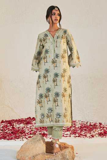 Buy_Sage Saga_Green Chanderi, Linen Lace V-neck Pihu Tree Pattern Tunic Palazzo Set _Online_at_Aza_Fashions