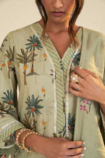 Shop_Sage Saga_Green Chanderi, Linen Lace V-neck Pihu Tree Pattern Tunic Palazzo Set _Online_at_Aza_Fashions