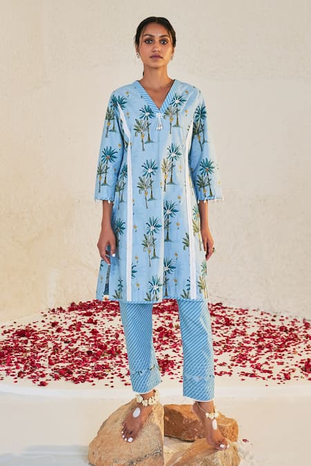 Sage Saga_Blue Linen Tassels Pihu Tree Print Tunic For Kids_Online_at_Aza_Fashions