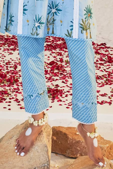 Buy_Sage Saga_Blue Chanderi, Lace, Linen Embroidery V-neck Pihu Tree Print Tunic Palazzo Set _Online_at_Aza_Fashions