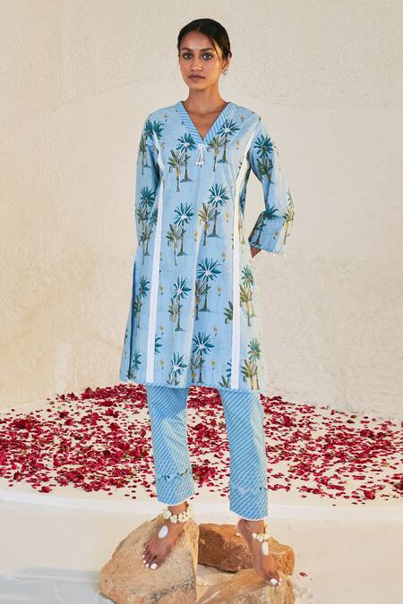 Shop_Sage Saga_Blue Chanderi, Lace, Linen Embroidery V-neck Pihu Tree Print Tunic Palazzo Set _Online_at_Aza_Fashions