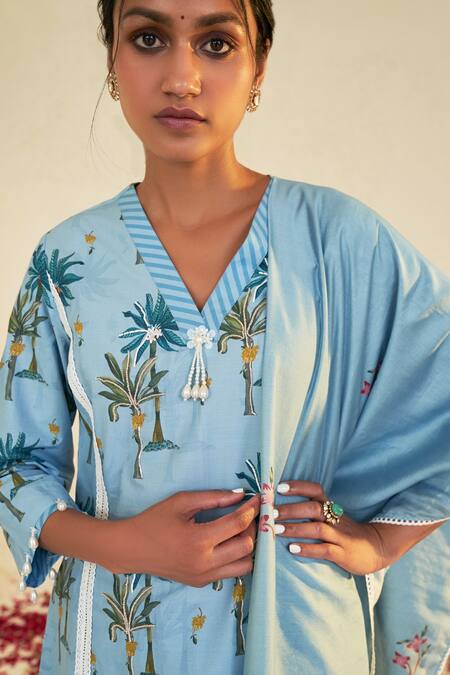 Sage Saga_Blue Chanderi, Lace, Linen Embroidery V-neck Pihu Tree Print Tunic Palazzo Set _at_Aza_Fashions