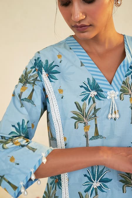 Buy_Sage Saga_Blue Linen Tassels Pihu Tree Print Tunic For Kids_Online_at_Aza_Fashions