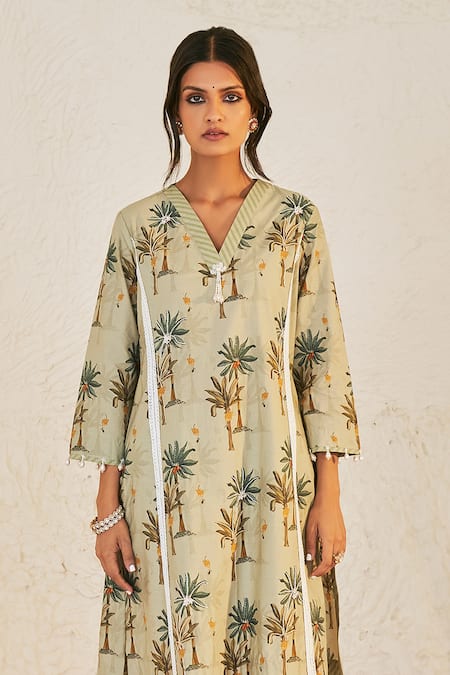Sage Saga_Green Linen Lace V-neck Pihu Tree Pattern Tunic _Online_at_Aza_Fashions