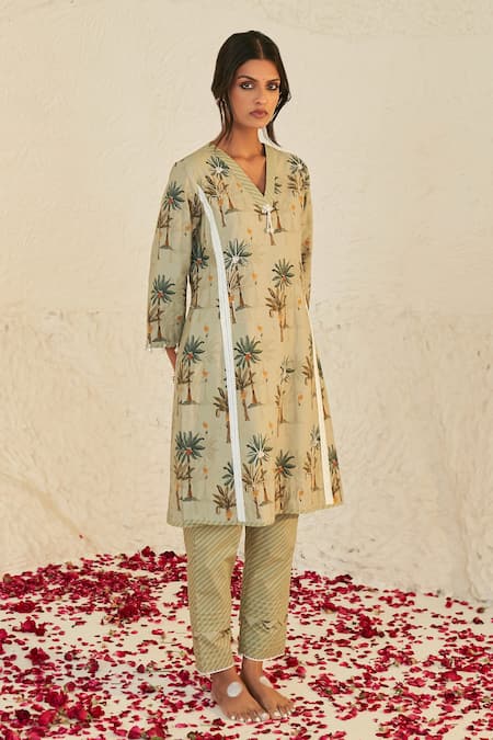 Shop_Sage Saga_Green Lawn Cotton Printed Tree V Neck Pihu Pattern Tunic Palazzo Set _Online_at_Aza_Fashions