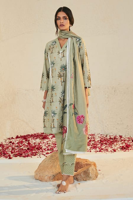 Sage Saga_Green Lawn Cotton Printed Tree V Neck Pihu Pattern Tunic Palazzo Set _at_Aza_Fashions