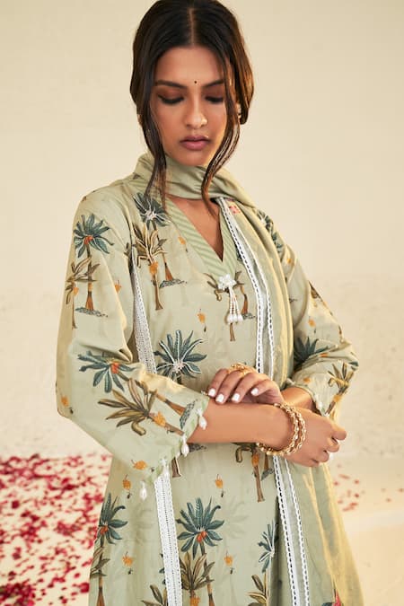 Shop_Sage Saga_Green Linen Lace V-neck Pihu Tree Pattern Tunic _Online_at_Aza_Fashions