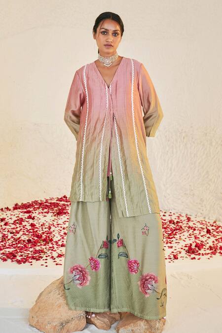 Sage Saga Green Chanderi Tassels V-neck Pihu Ombre Kurta And Sharara Set Online at Aza Fashions Sage Saga_Green Chanderi Tassels V-neck Pihu Ombre Kurta And Sharara Set _Online_at_Aza_Fashions