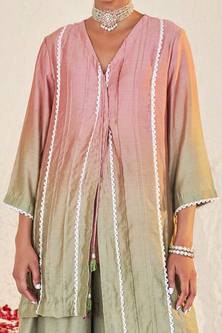 Shop Sage Saga Green Chanderi Tassels V-neck Pihu Ombre Kurta And Sharara Set Online at Aza Fashions Shop_Sage Saga_Green Chanderi Tassels V-neck Pihu Ombre Kurta And Sharara Set _Online_at_Aza_Fashions