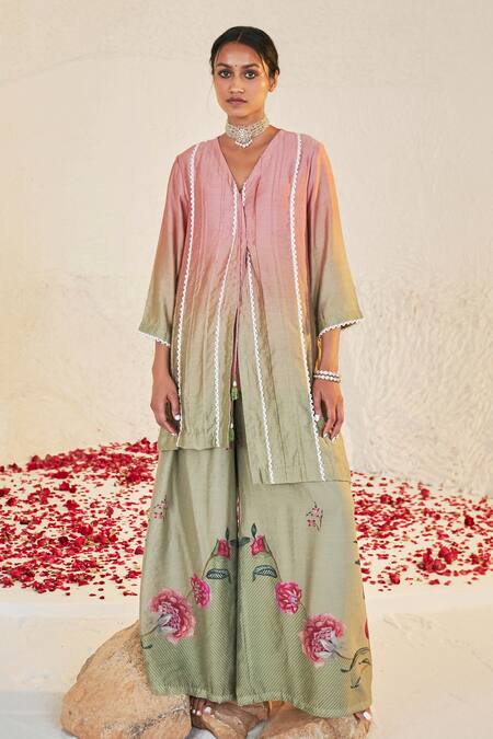 Sage Saga Green Chanderi Tassels V-neck Pihu Ombre Kurta And Sharara Set at Aza Fashions Sage Saga_Green Chanderi Tassels V-neck Pihu Ombre Kurta And Sharara Set _at_Aza_Fashions