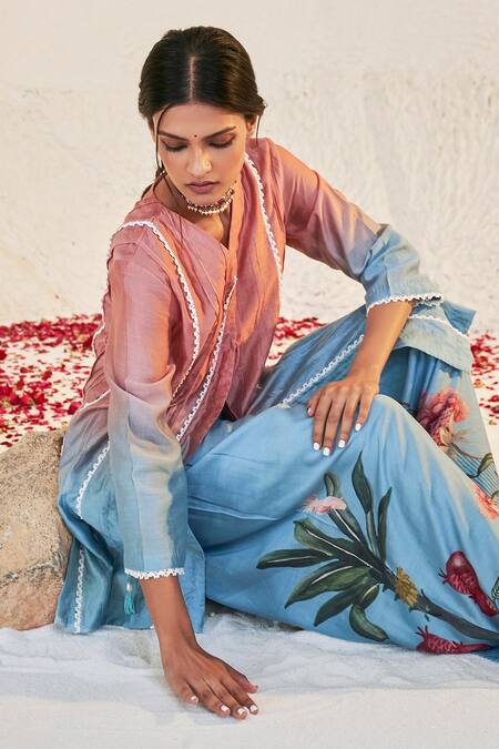 Sage Saga Blue Chanderi Lace, Embroidery V-neck Pihu Work Kurta And Sharara Set Online at Aza Fashions Sage Saga_Blue Chanderi Lace, Embroidery V-neck Pihu Work Kurta And Sharara Set _Online_at_Aza_Fashions