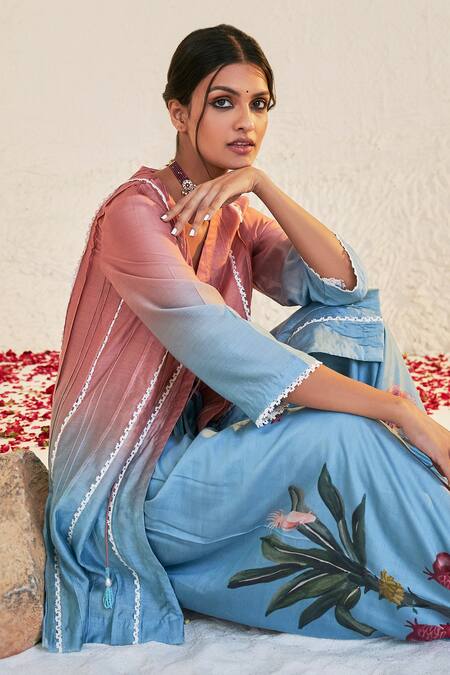 Buy Sage Saga Blue Chanderi Lace, Embroidery V-neck Pihu Work Kurta And Sharara Set Online at Aza Fashions Buy_Sage Saga_Blue Chanderi Lace, Embroidery V-neck Pihu Work Kurta And Sharara Set _Online_at_Aza_Fashions