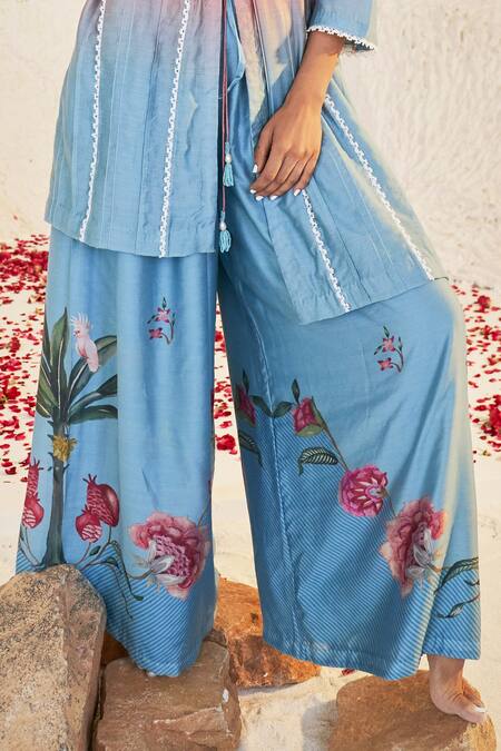 Shop Sage Saga Blue Chanderi Lace, Embroidery V-neck Pihu Work Kurta And Sharara Set Online at Aza Fashions Shop_Sage Saga_Blue Chanderi Lace, Embroidery V-neck Pihu Work Kurta And Sharara Set _Online_at_Aza_Fashions