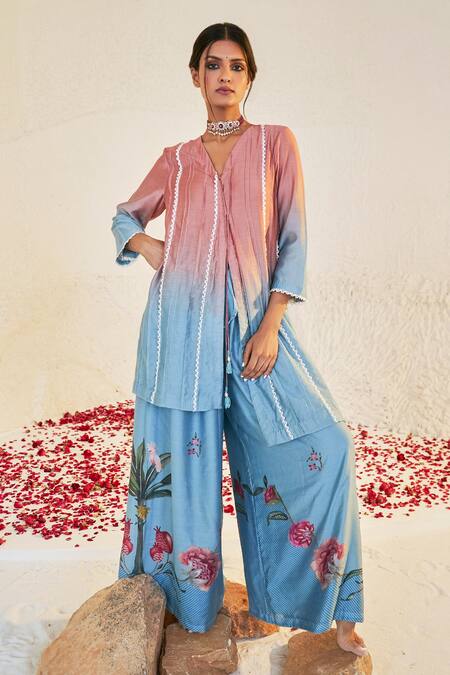 Sage Saga Blue Chanderi Lace, Embroidery V-neck Pihu Work Kurta And Sharara Set at Aza Fashions Sage Saga_Blue Chanderi Lace, Embroidery V-neck Pihu Work Kurta And Sharara Set _at_Aza_Fashions