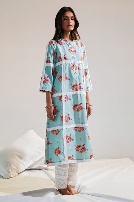 Sage Saga Blue Linen Embroidery Ruhi Printed Kurta For Kids Online at Aza Fashions Sage Saga_Blue Linen Embroidery Ruhi Printed Kurta For Kids_Online_at_Aza_Fashions