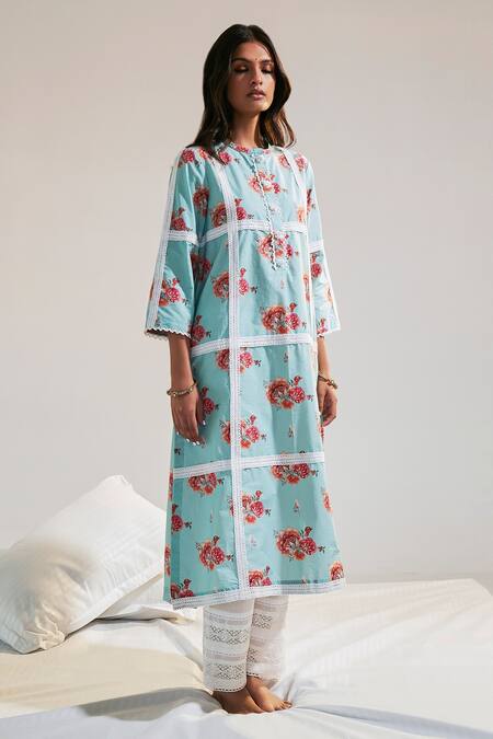 Sage Saga Blue Chanderi, Lace, Linen Lace, Cut Work, Ruhi Printed Kurta Palazzo Set For Kids Online at Aza Fashions Sage Saga_Blue Chanderi, Lace, Linen Lace, Cut Work, Ruhi Printed Kurta Palazzo Set For Kids_Online_at_Aza_Fashions