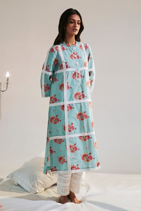 Buy Sage Saga Blue Chanderi, Lace, Linen Lace, Cut Work, Ruhi Printed Kurta Palazzo Set For Kids Online at Aza Fashions Buy_Sage Saga_Blue Chanderi, Lace, Linen Lace, Cut Work, Ruhi Printed Kurta Palazzo Set For Kids_Online_at_Aza_Fashions
