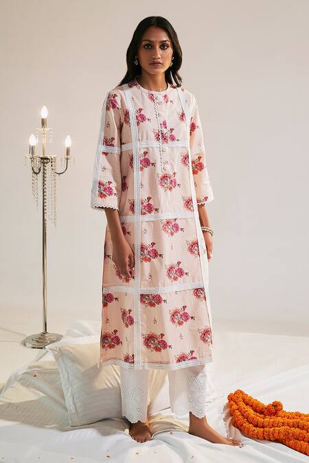 Buy_Sage Saga_Pink Chanderi, Lace Cut Work, Embroidery Ruhi Floral Print Kurta Palazzo Set For Kids_Online_at_Aza_Fashions