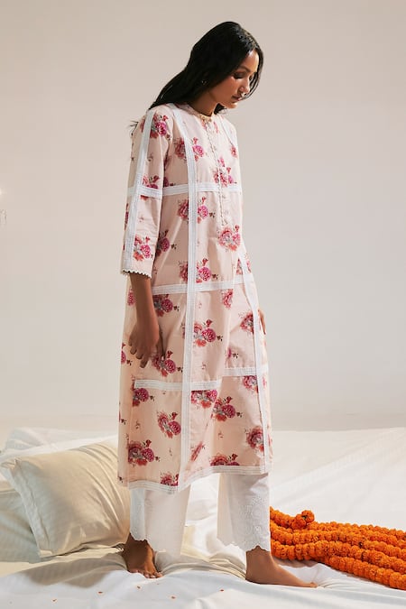 Buy Sage Saga Pink Lace Embroidery Ruhi Floral Pattern Kurta For Kids Online at Aza Fashions Buy_Sage Saga_Pink Lace Embroidery Ruhi Floral Pattern Kurta For Kids_Online_at_Aza_Fashions