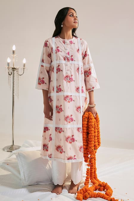 Shop Sage Saga Pink Lace Embroidery Ruhi Floral Pattern Kurta For Kids Online at Aza Fashions Shop_Sage Saga_Pink Lace Embroidery Ruhi Floral Pattern Kurta For Kids_Online_at_Aza_Fashions