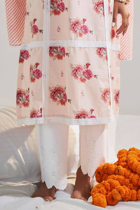 Buy_Sage Saga_Pink Chanderi, Lace Cut Work, Embroidery Ruhi Floral Print Kurta Palazzo Set For Kids