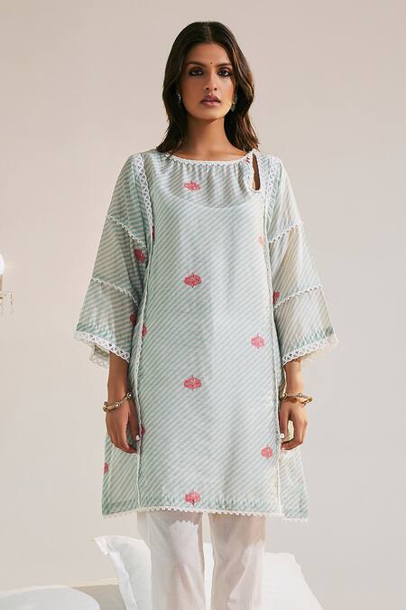 Buy Sage Saga Blue Cotton, Chanderi Lace Keyhole Neck Pihu Printed Phiran Kurta And Palazzo Set Online at Aza Fashions Buy_Sage Saga_Blue Cotton, Chanderi Lace Keyhole Neck Pihu Printed Phiran Kurta And Palazzo Set _Online_at_Aza_Fashions