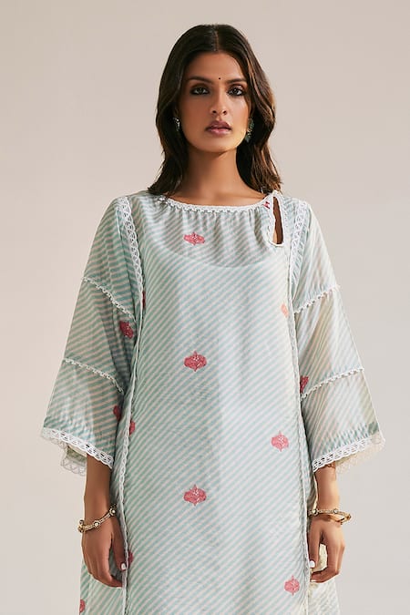 Sage Saga_Blue Chanderi, Cotton Lace Keyhole Neck Pihu Printed Phiran Kurta _Online_at_Aza_Fashions