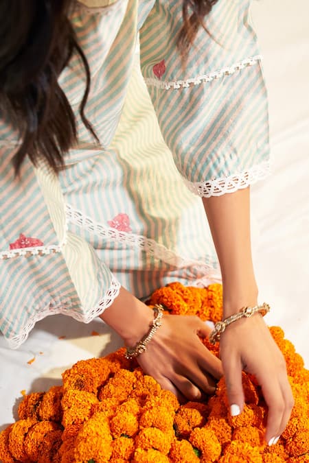 Shop_Sage Saga_Blue Chanderi, Cotton Lace Keyhole Neck Pihu Printed Phiran Kurta _Online_at_Aza_Fashions