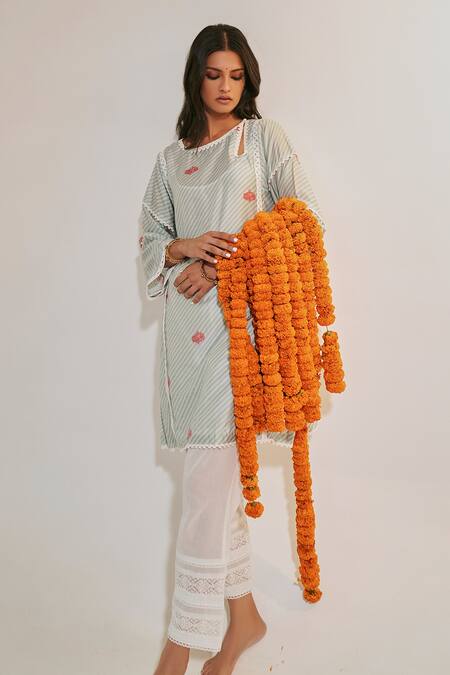 Buy Sage Saga Blue Cotton, Chanderi Lace Keyhole Neck Pihu Printed Phiran Kurta And Palazzo Set Buy_Sage Saga_Blue Cotton, Chanderi Lace Keyhole Neck Pihu Printed Phiran Kurta And Palazzo Set