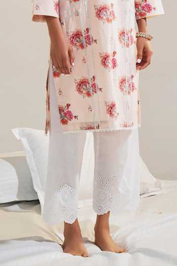 Sage Saga_Pink Chanderi, Lace, Linen Embroidery, Lace, Ruhi Floret Print Kurta Palazzo Set _Online_at_Aza_Fashions