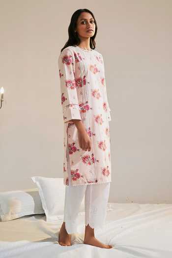 Shop_Sage Saga_Pink Chanderi, Lace, Linen Embroidery, Lace, Ruhi Floret Print Kurta Palazzo Set _Online_at_Aza_Fashions