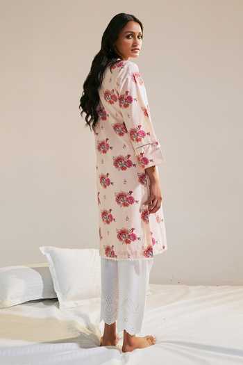 Sage Saga_Pink Chanderi, Lace, Linen Embroidery, Lace, Ruhi Floret Print Kurta Palazzo Set _at_Aza_Fashions