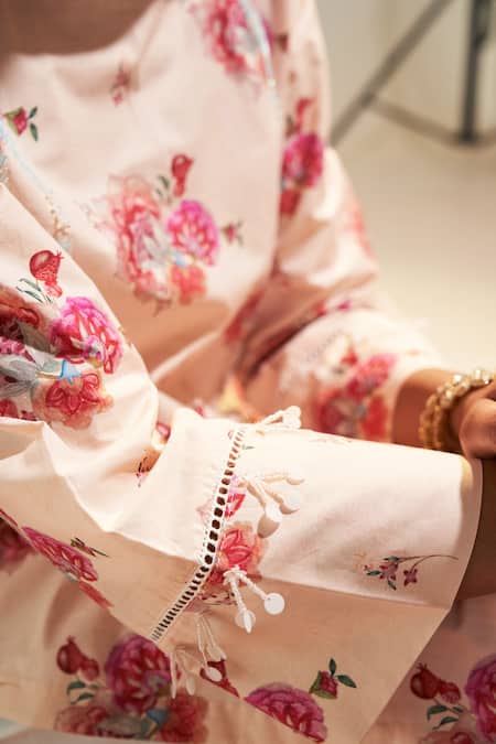 Buy_Sage Saga_Pink Lace Embroidery Ruhi Floret Print Kurta For Kids_Online_at_Aza_Fashions