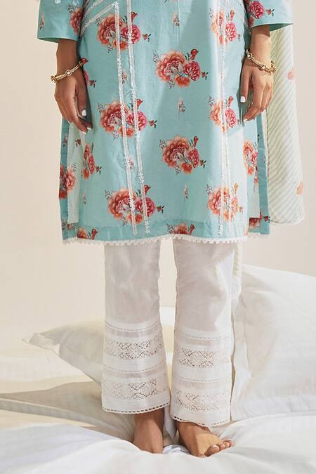 Sage Saga_Blue Chanderi, Linen, Embroidery, Ruhi Floral Print Kurta Palazzo Set _Online_at_Aza_Fashions