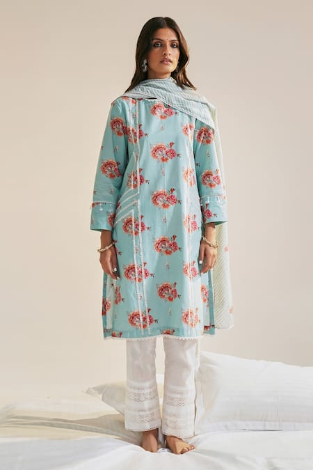 Sage Saga_Blue Lace Embroidery Ruhi Floral Print Kurta For Kids_Online_at_Aza_Fashions