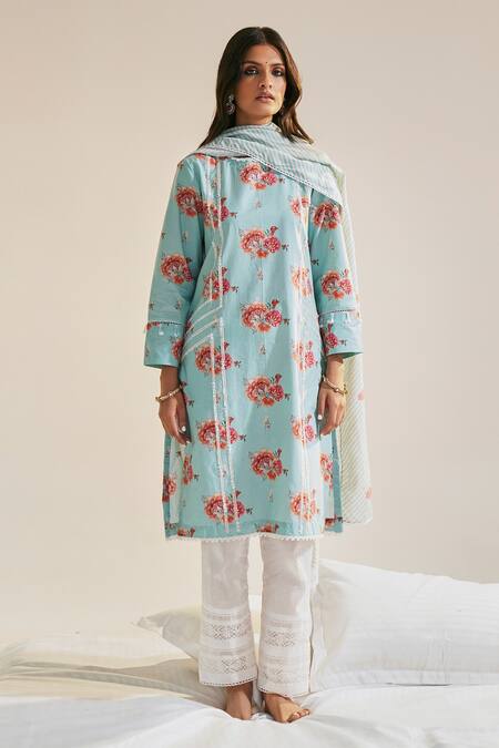 Buy_Sage Saga_Blue Chanderi, Linen, Embroidery, Ruhi Floral Print Kurta Palazzo Set _Online_at_Aza_Fashions