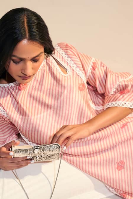 Sage Saga_Pink Chanderi, Cotton Lace Keyhole Neck Pihu Phiran Kurta _at_Aza_Fashions