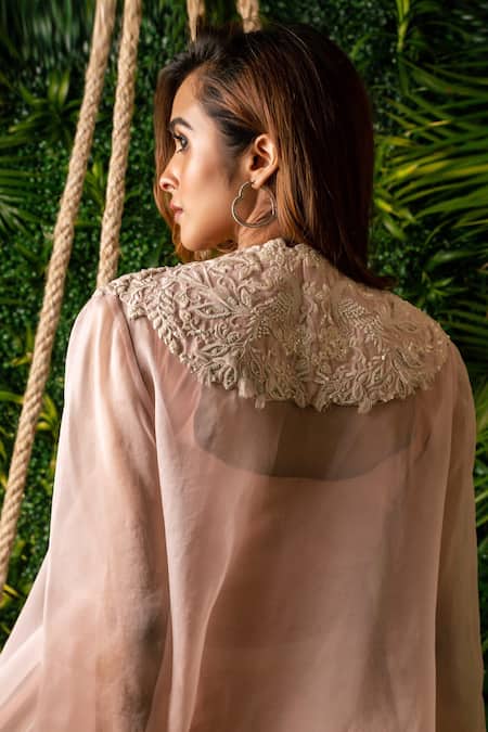Pallavi Poddar_Pink Organza, Satin Pearls Round Neck Peacock Asymmetric Hem Cape And Pant Set _Online_at_Aza_Fashions