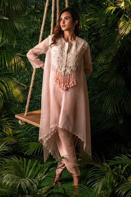 Buy_Pallavi Poddar_Pink Organza, Satin Pearls Round Neck Peacock Asymmetric Hem Cape And Pant Set _Online_at_Aza_Fashions