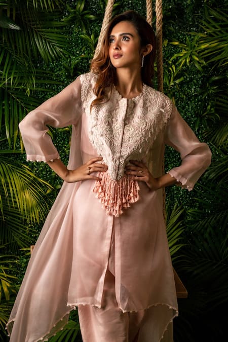 Shop_Pallavi Poddar_Pink Organza, Satin Pearls Round Neck Peacock Asymmetric Hem Cape And Pant Set _Online_at_Aza_Fashions