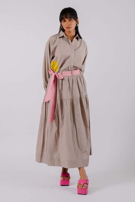 Shop_Tussah by Siddhi Shah_Grey Cotton Collared Shirt And Tiered Skirt Set _Online_at_Aza_Fashions