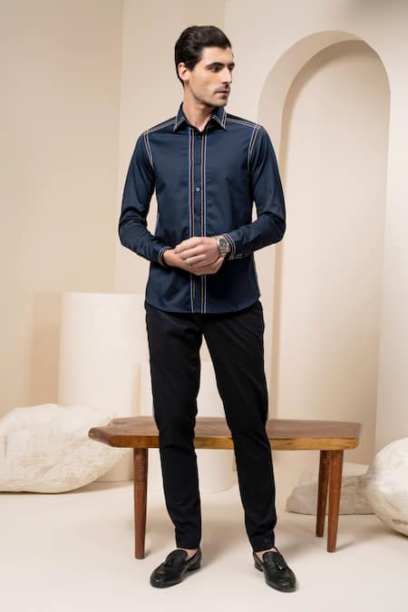 Abkasa Blue Cotton Woven Stiped Embroidered Shirt  