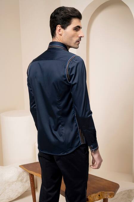 Shop_Abkasa_Blue Cotton Stiped Embroidered Shirt _at_Aza_Fashions